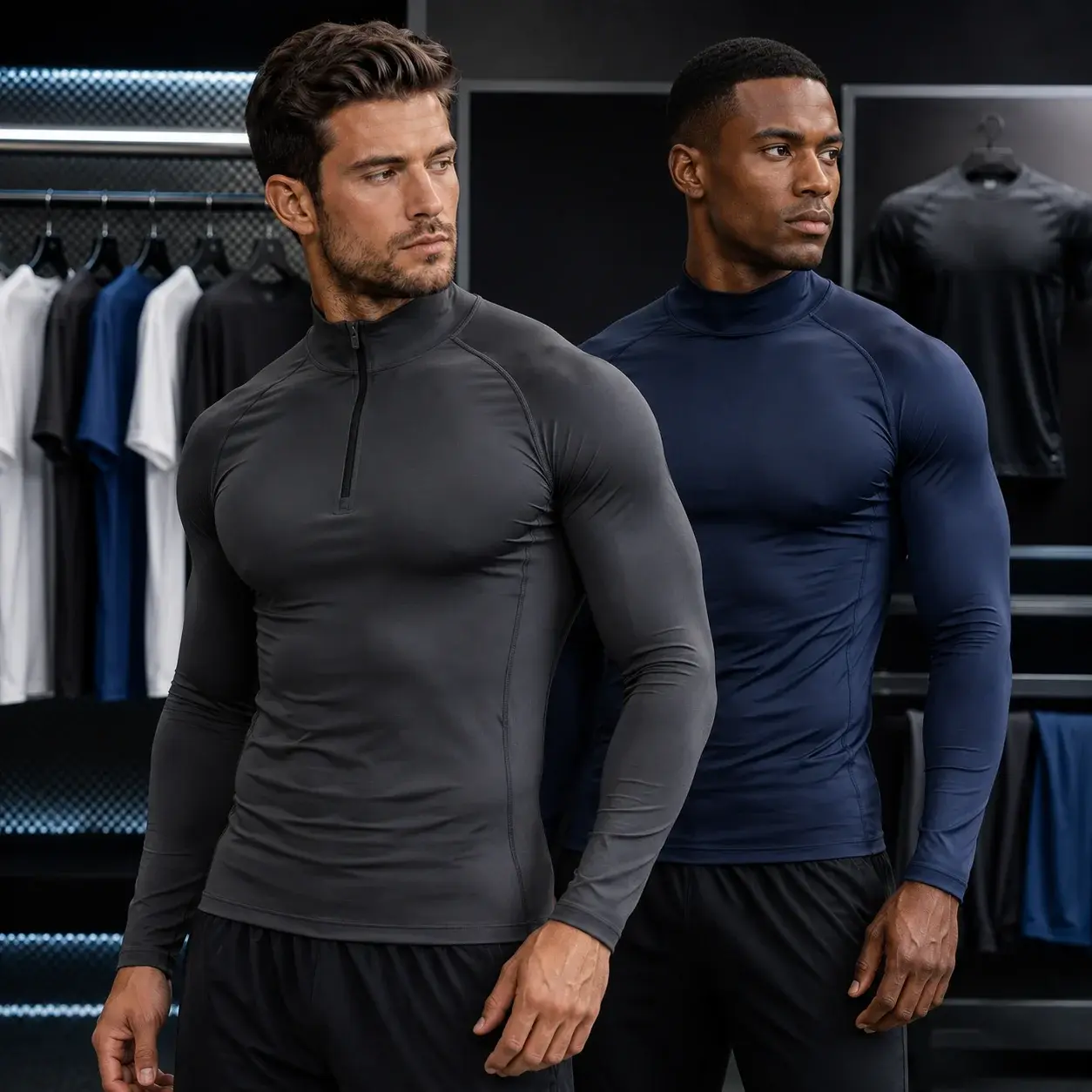 Athletic male model wearing a fitted dark gray short-sleeve
compression shirt in a professional sportswear showroom, highlighting stretch, close fit, and performance fabric.