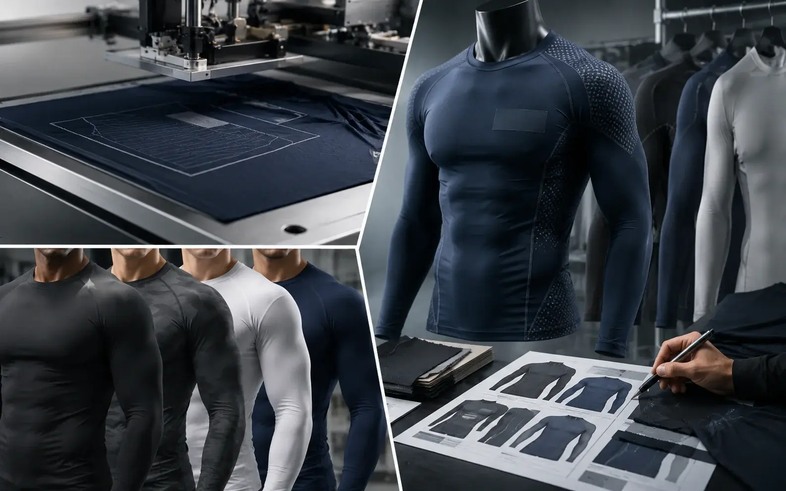 Compression shirt customization and branding process showing garment design, production
                            equipment, multiple shirt styles and colors, fabric samples, and custom compression apparel mockups.