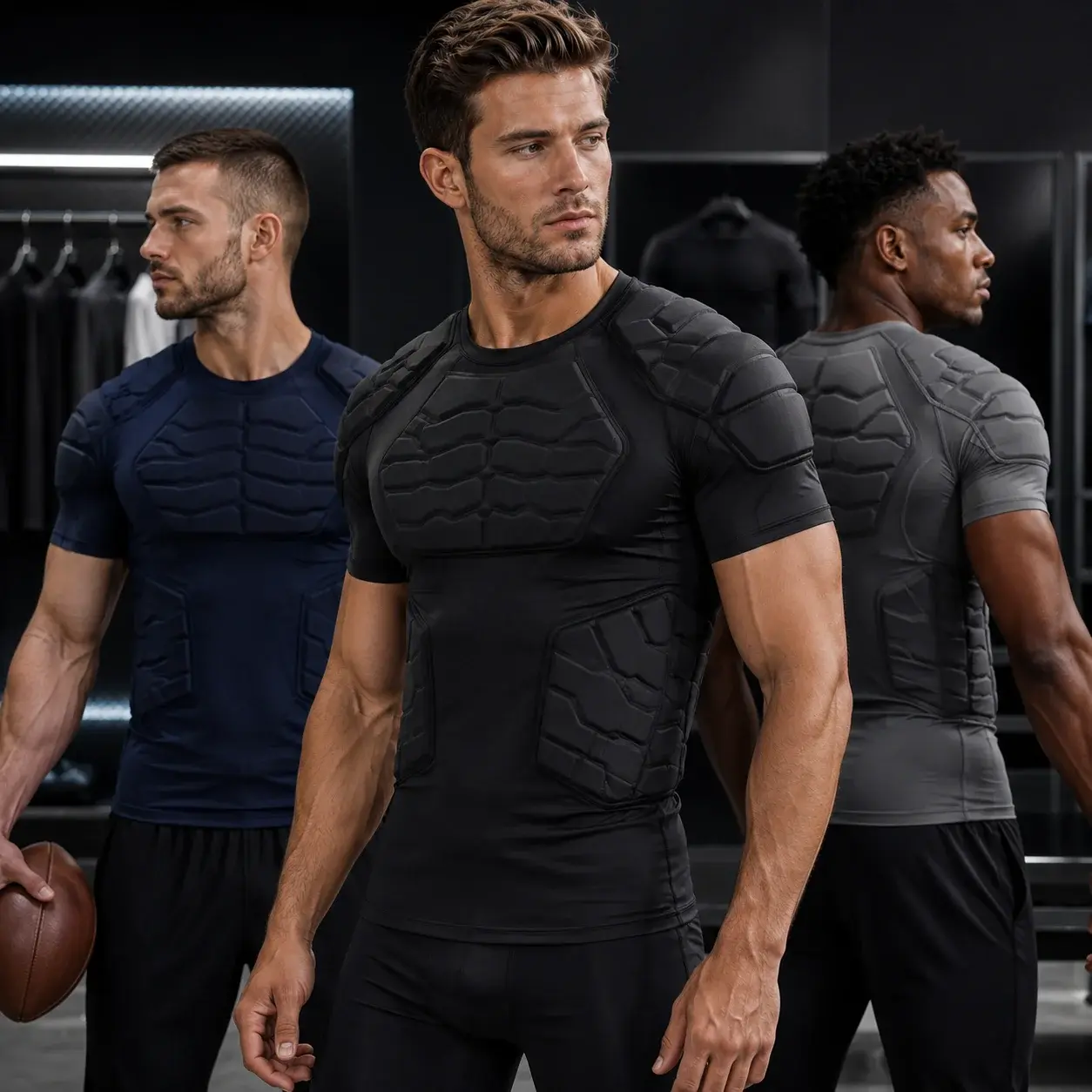 Three athletic male models wearing fitted padded compression shirts with
protective panels across the chest, shoulders, and torso, designed for high-impact sports and training.
