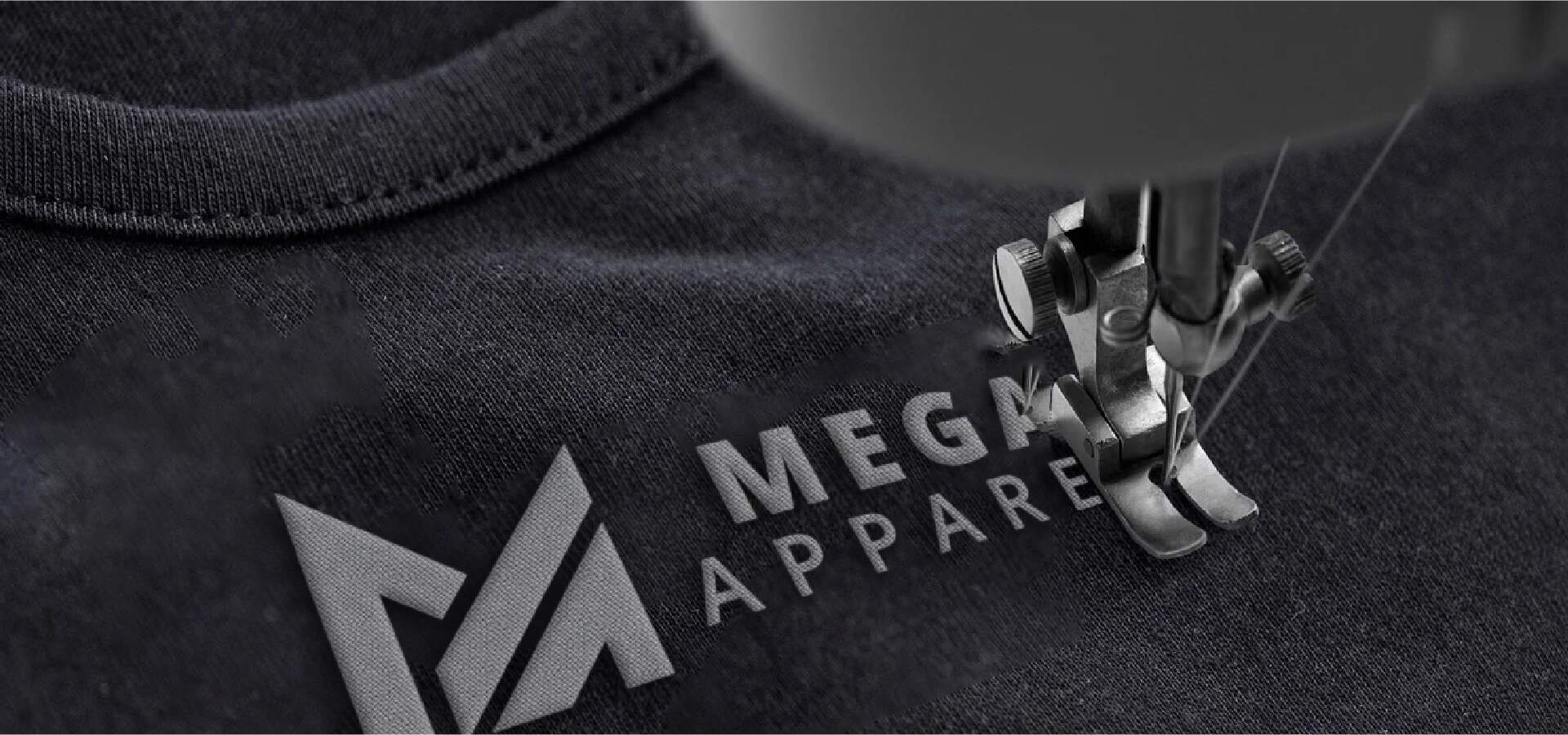 Embroidery machine adding MEGA APPAREL logo to clothing