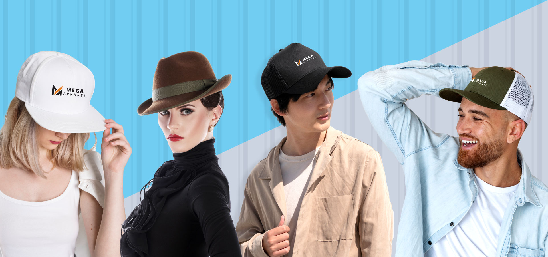 Different Types of Custom Hats Manufactured By Mega Apparel with Our Log