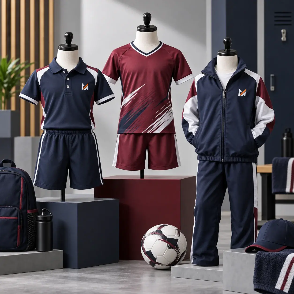 Kids uniforms and team wear displayed on mannequins, featuring navy, maroon, and white sports outfits with polo shirts, jerseys, shorts, tracksuits, and visible Mega Apparel logos.