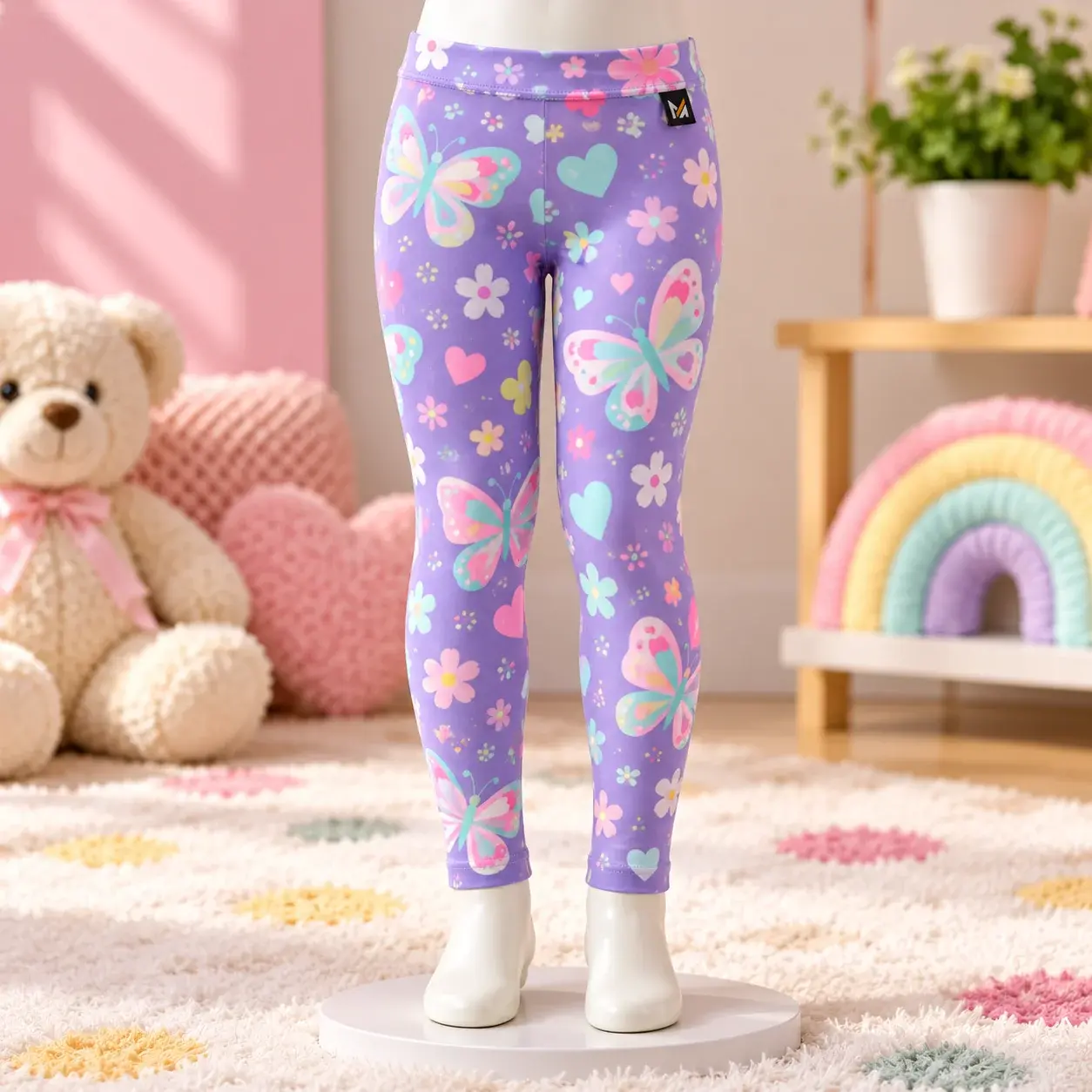 Purple kids’ leggings with colorful butterfly, flower, and heart prints displayed on a child-size mannequin in a bright pastel playroom setting.