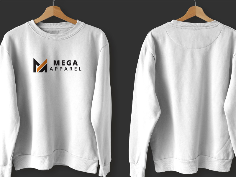 A white sweatshirt with a stylized Mega Apparel logo hanging on a hanger
