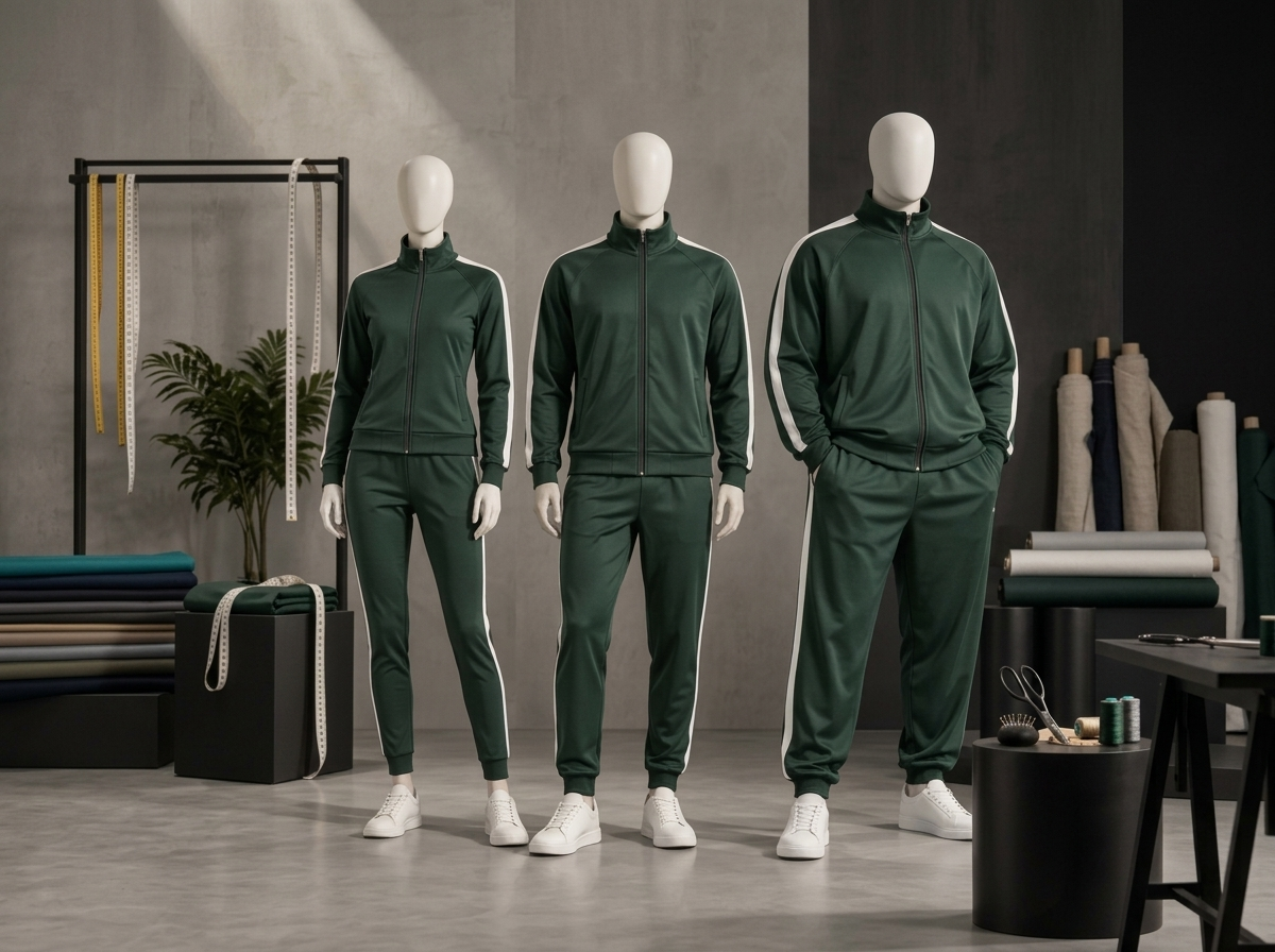 Three dark green tracksuits displayed on mannequins in slim, regular, and relaxed fits, showing different sizing options with white side stripes.
